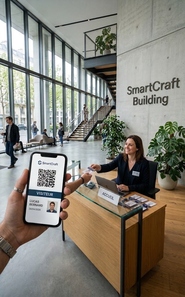 Hall d'accueil vitré : un visiteur présente le QR code de son badge sur son téléphone, l'hôtesse lui tend un badge depuis le poste d'accueil.