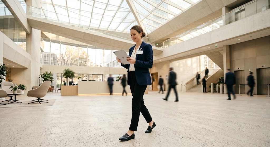 Une responsable d'hospitality traverse un grand atrium vitré, tablette en main, entourée d'occupants en mouvement.