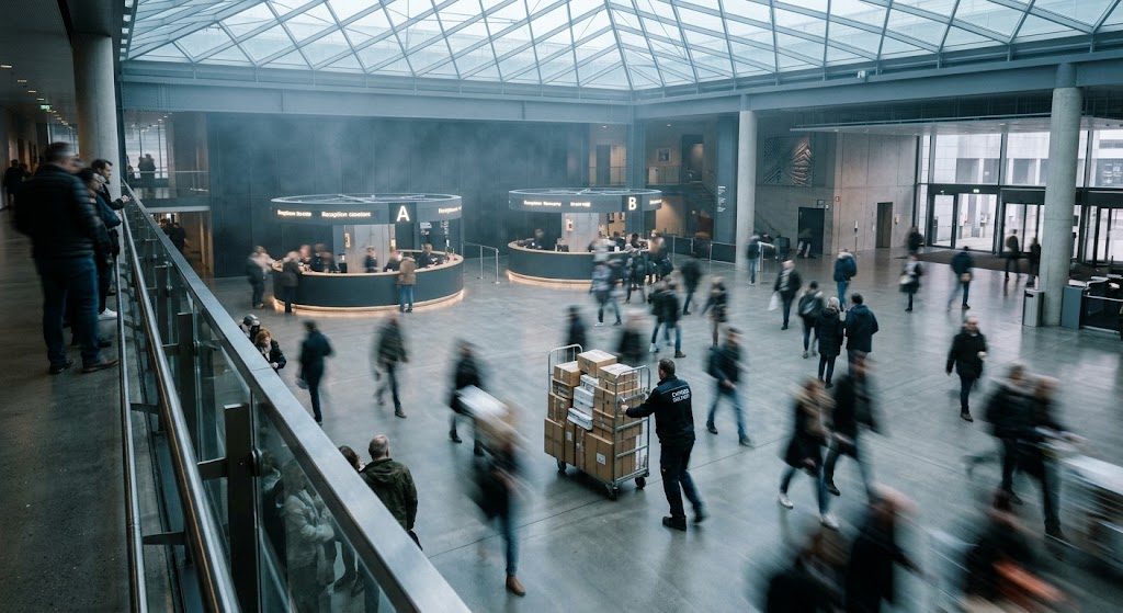 Vue depuis une mezzanine sur un hall sous verrière avec deux banques d'accueil A et B, un livreur pousse un chariot de colis au milieu de la foule.