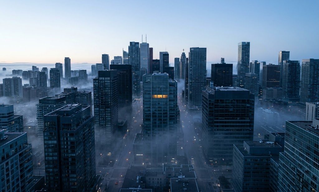 Quartier d'affaires à l'aube vu d'en haut, brume entre les tours, une seule fenêtre éclairée en ambre au centre.